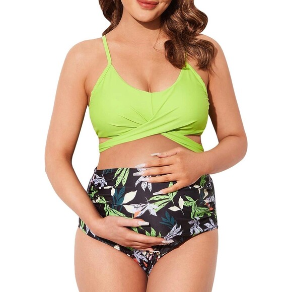 Maternity Summer Mae Swimsuit. Green Black Floral. Cutout (117) - Picture 1 of 7